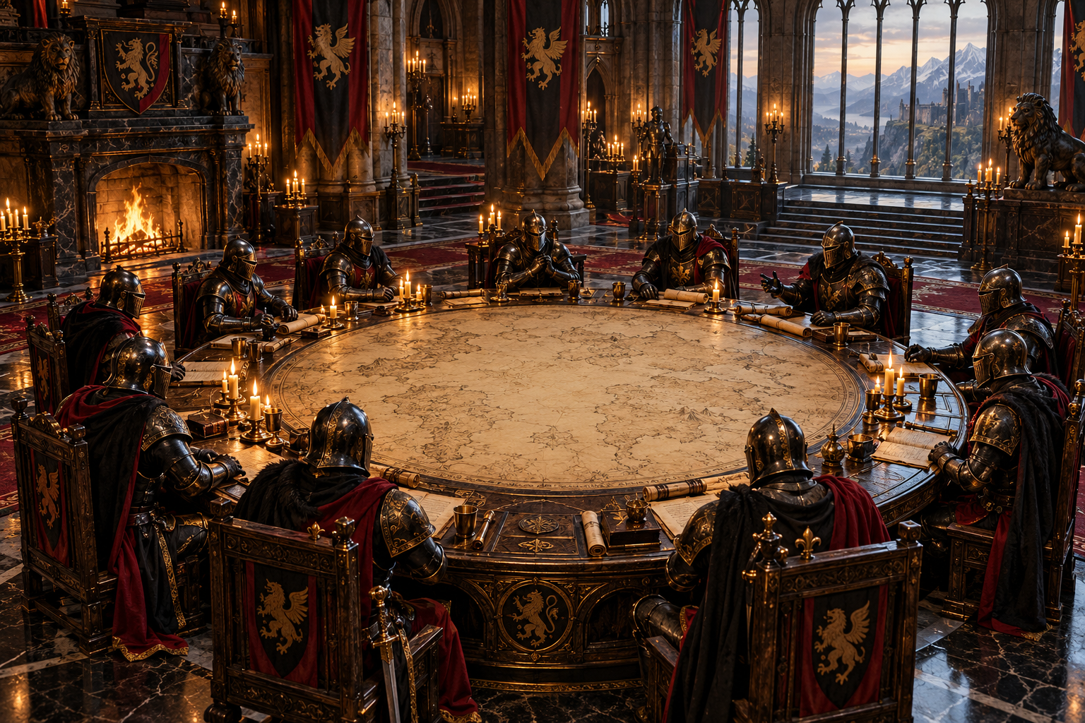 Knights seated around the great round map table