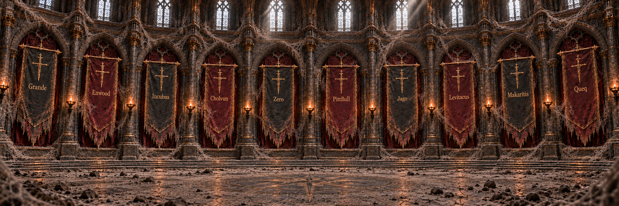 Ten weathered banners in the Hall of the Forsaken