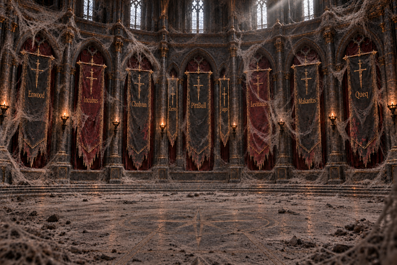 An ancient Gothic chamber engulfed in thick spiderwebs, with nine named Forsaken banners.
