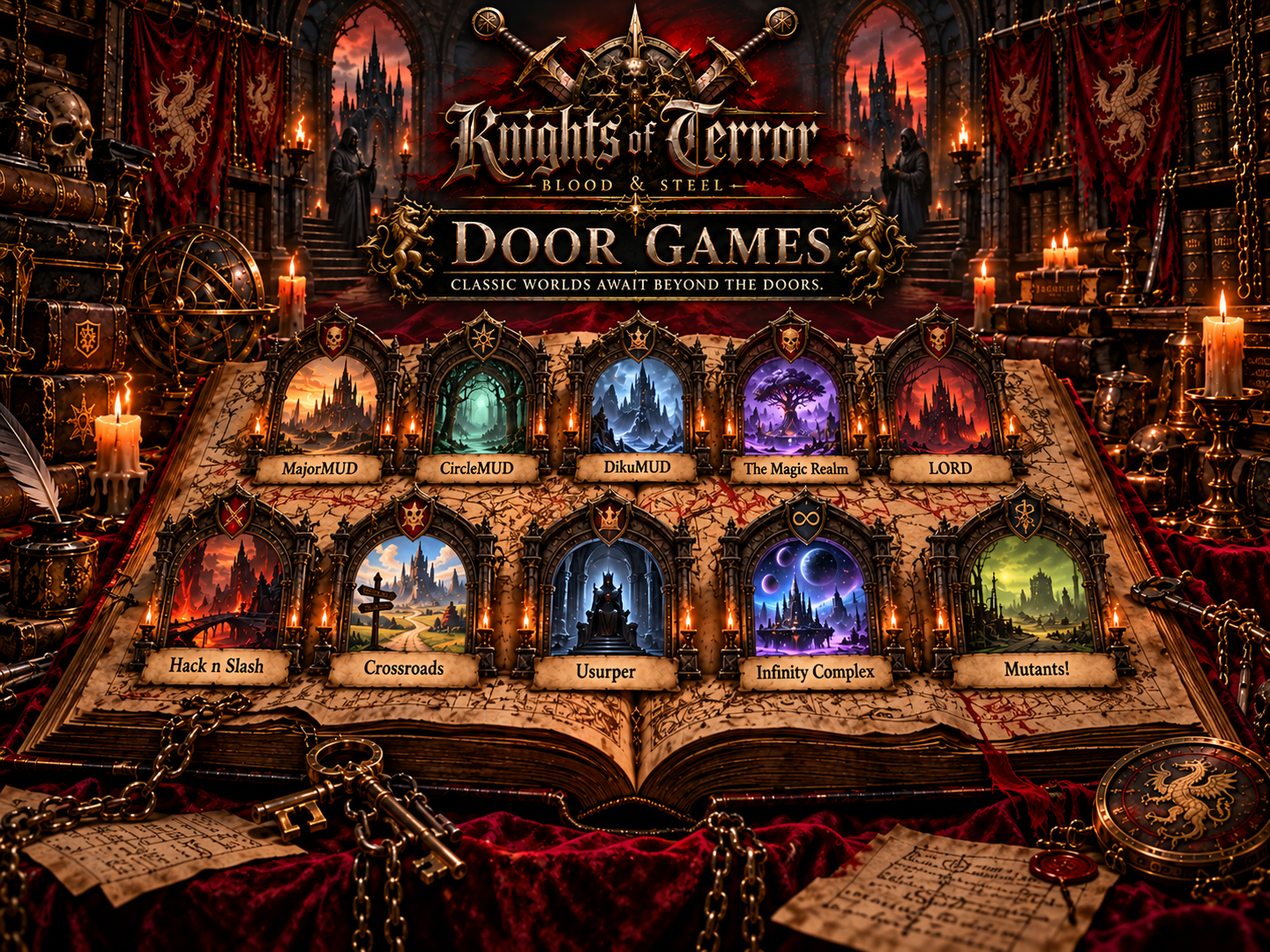 Ancient open book with ten clickable door-game portals