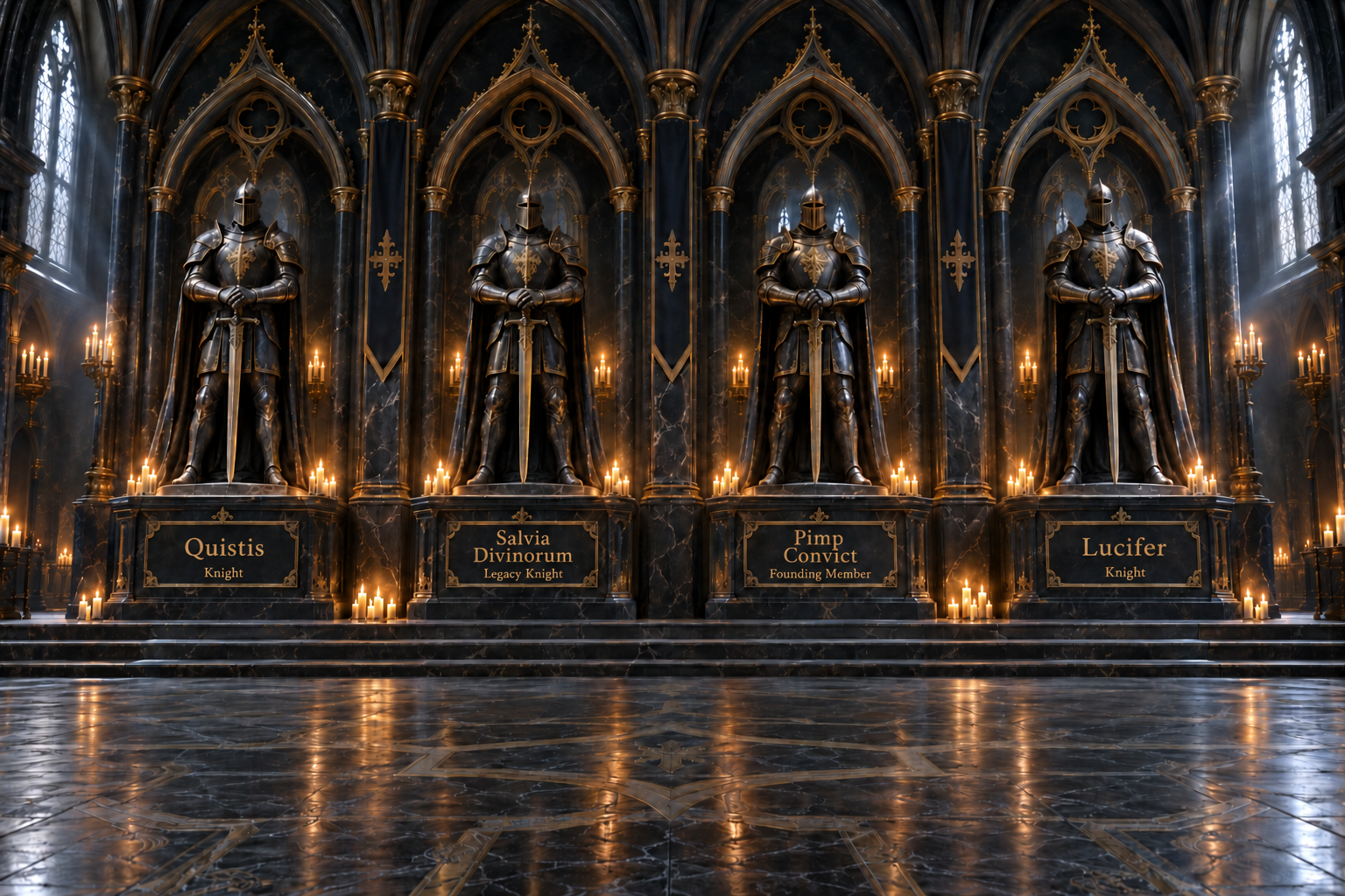 A candlelit Gothic crypt with four named stone memorials: Quistis, Salvia Divinorum, Pimp Convict, and Lucifer.