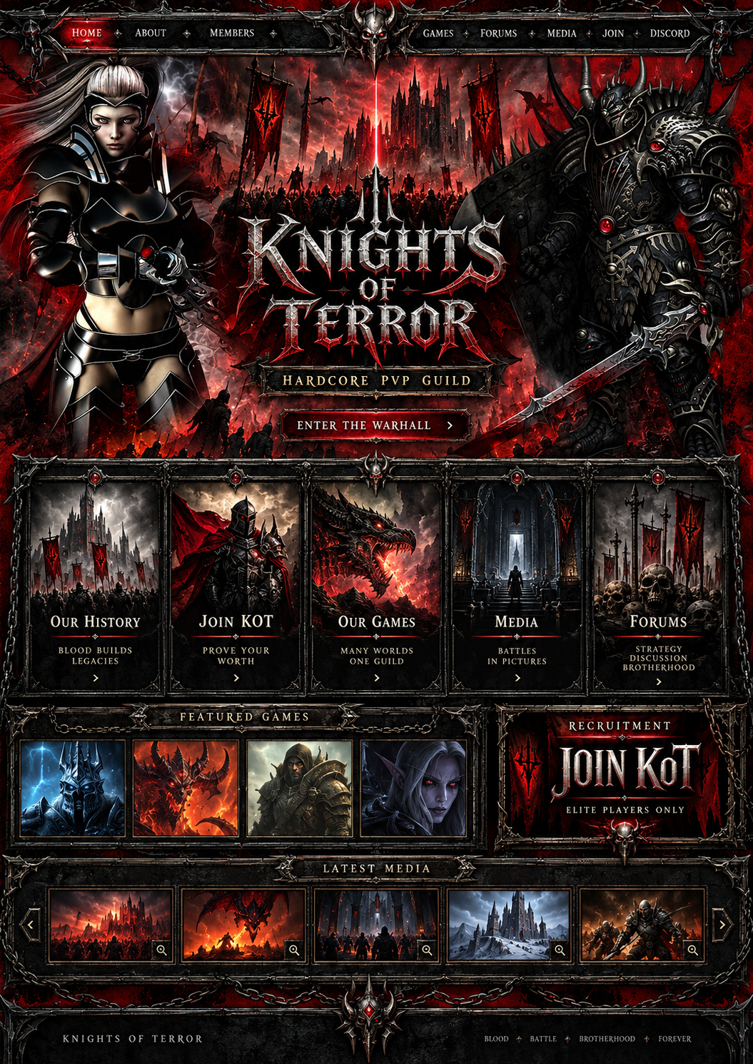 Knights of Terror: crimson battlefield, armored knights, blackened metal, skulls and chains. Navigate through the links on the artwork.